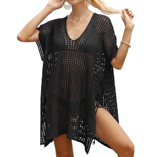 Gumyoss Bikini Cover Up Strandkleider Damen Strandkleid mit Trägern Strandponcho Gestrickt Strandkleid Cardigan Strand V-Ausschnitt Sexy Sommer Strandkleidung Einheitsgröße Schwarz von Gumyoss