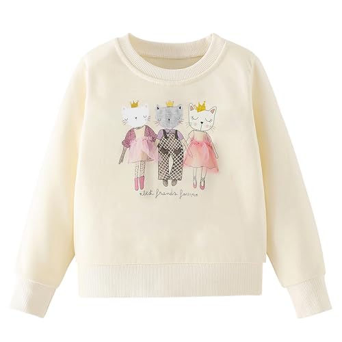 Gumyoss Sweatshirt für Mädchen - Pullover aus Baumwolle, Langarm Tops für Kleinkind, Alter 2-8 Jahre, 116, Katze Beige von Gumyoss
