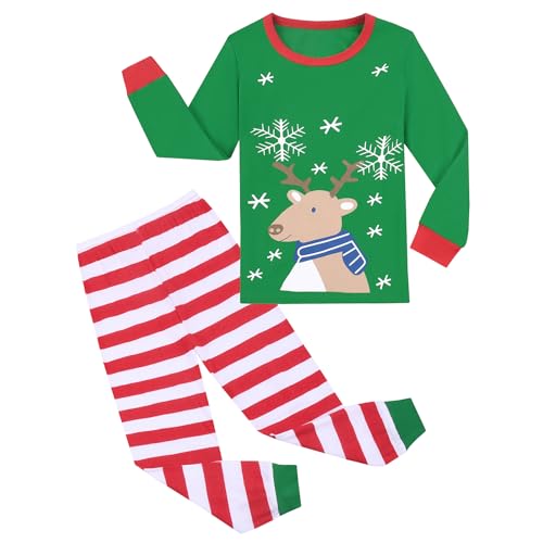 Gumyoss Weihnachten Schlafanzug Jungen Pyjama Mädchen Kinder Weihnachts Schlafanzug Christmas Xmas Langarm Baumwolle Zweiteilig Gr.128, Rentier/Grün von Gumyoss