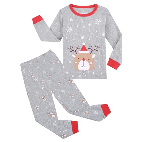 Gumyoss Weihnachten Schlafanzug Jungen Pyjama Mädchen Kinder Weihnachts Schlafanzug Christmas Xmas Langarm Baumwolle Zweiteilig Gr.134, Rentier/Grau von Gumyoss
