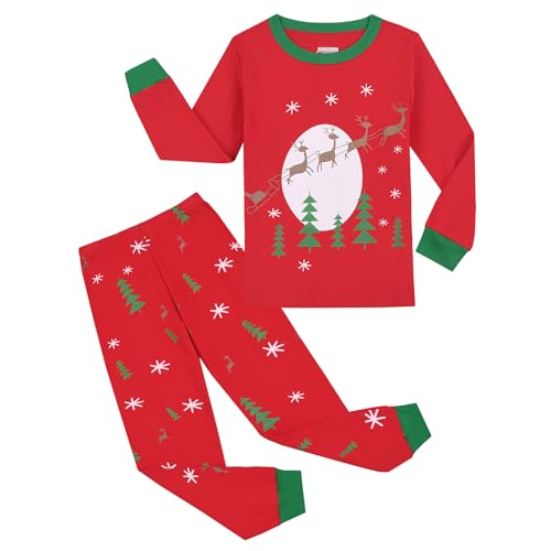 Gumyoss Weihnachten Schlafanzug Jungen Pyjama Mädchen Kinder Weihnachts Schlafanzug Christmas Xmas Langarm Baumwolle Zweiteilig Gr.152, Rentier/Rot von Gumyoss