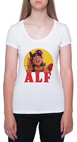 Alf Rose In Mund Weißes T-Shirt Damen Mit Kurzen Ärmeln Und Rundem Hals White Womens S von Gunmant