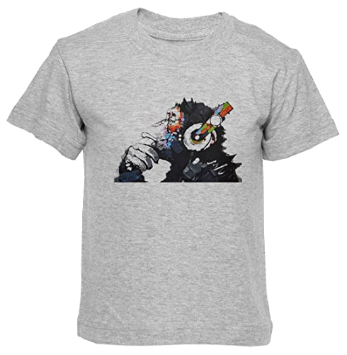 Banksy Funky AFFE Mit Kopfhörer Grau T-Shirt Kinder Jungen Mädchen Kurzarm Rundem Hals Grey Kids Boys Girls L von Gunmant