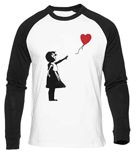 Banksy Mädchen Mit Herz Ballon Weißes Baseball T-Shirt Herren Damen Unisex Langarm Rundem Hals White Mens Womens L von Gunmant