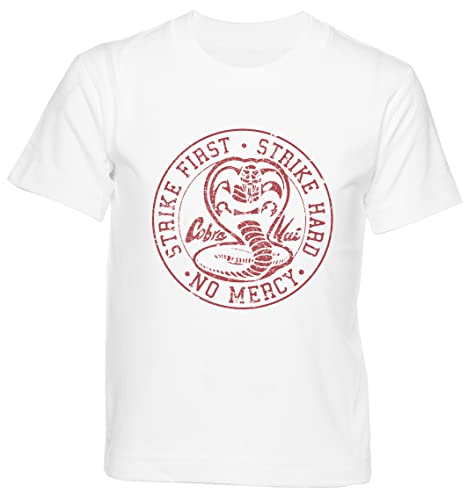 Cobra Kai Strike First Hard No Mercy Distressed Weißes T-Shirt Kinder Jungen Mädchen Kurzarm Rundem Hals White Kids Boys Girls XL von Gunmant