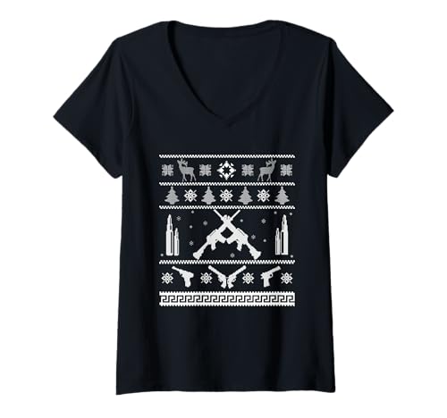 Damen Bushmaster AR-15 Hässlicher Weihnachtspullover Gunner T-Shirt mit V-Ausschnitt von Weihnachtsgeschenke für Kanonier