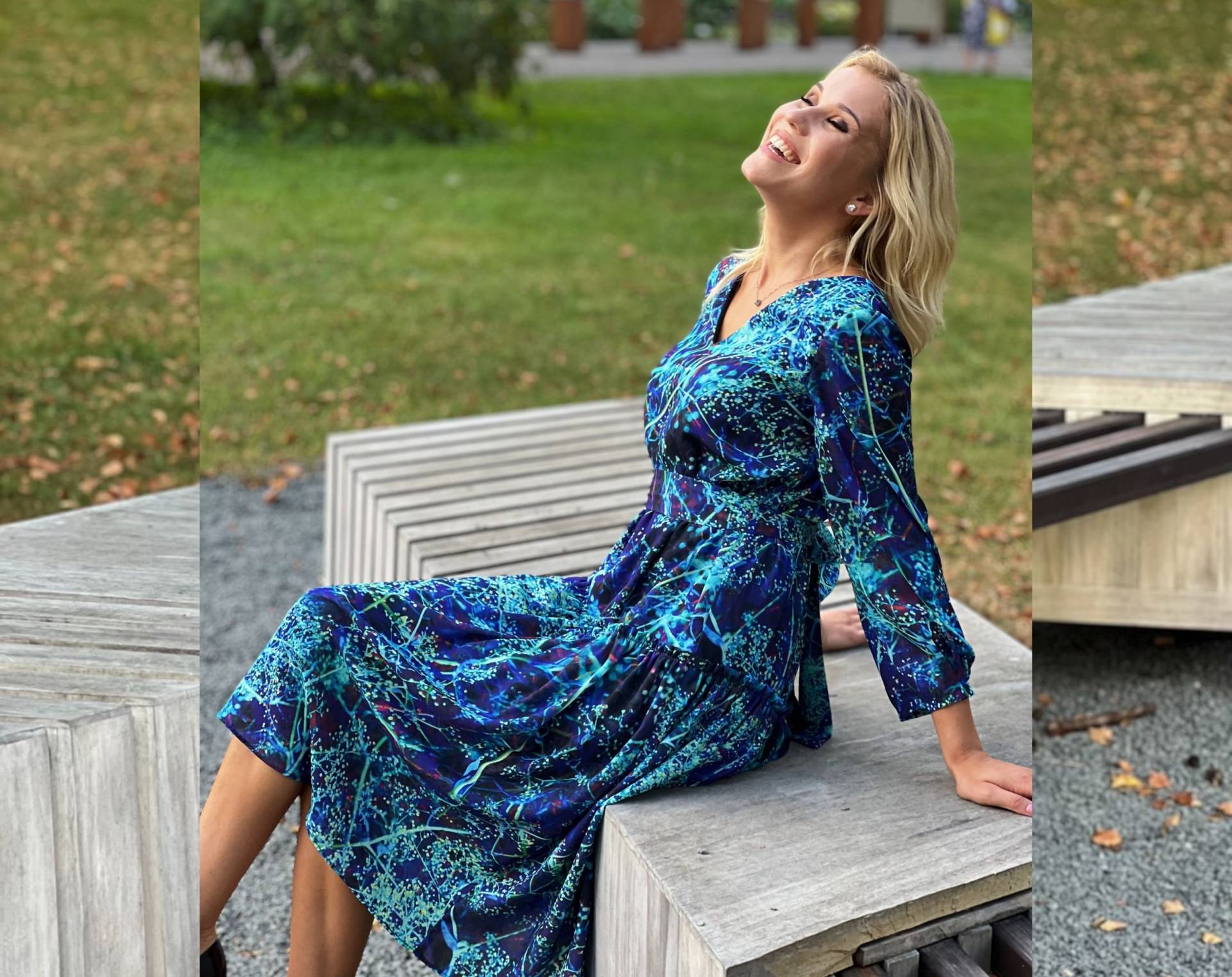 Chiffon Midi Kleid, Langarm Frauen Blaues Boho Abendkleid, Kleidung in Übergröße von Guntina