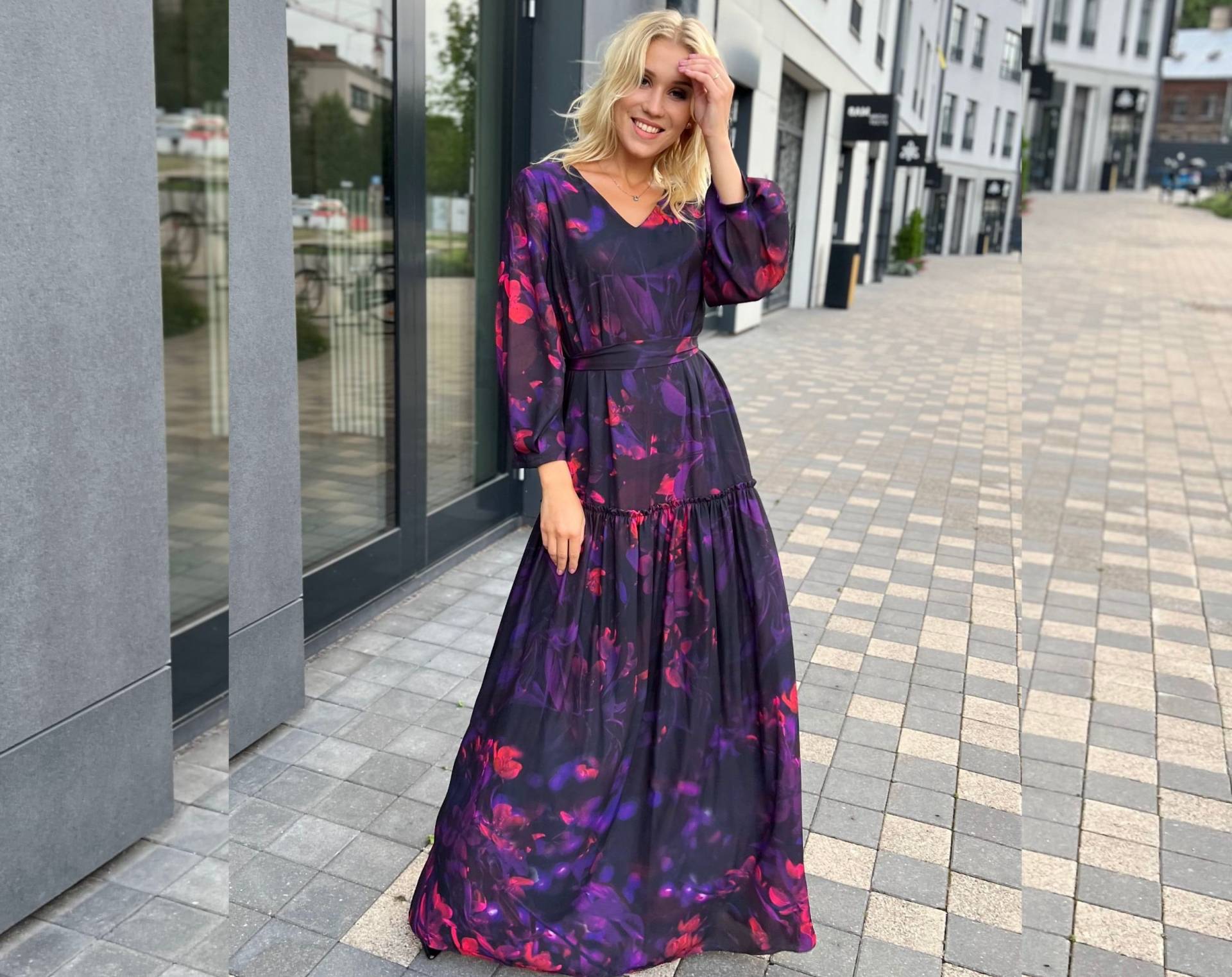 Maxi Chiffon Kleid, Langarm Frauen Lila Boho Abendkleid, Plus Size Kleidung von Guntina