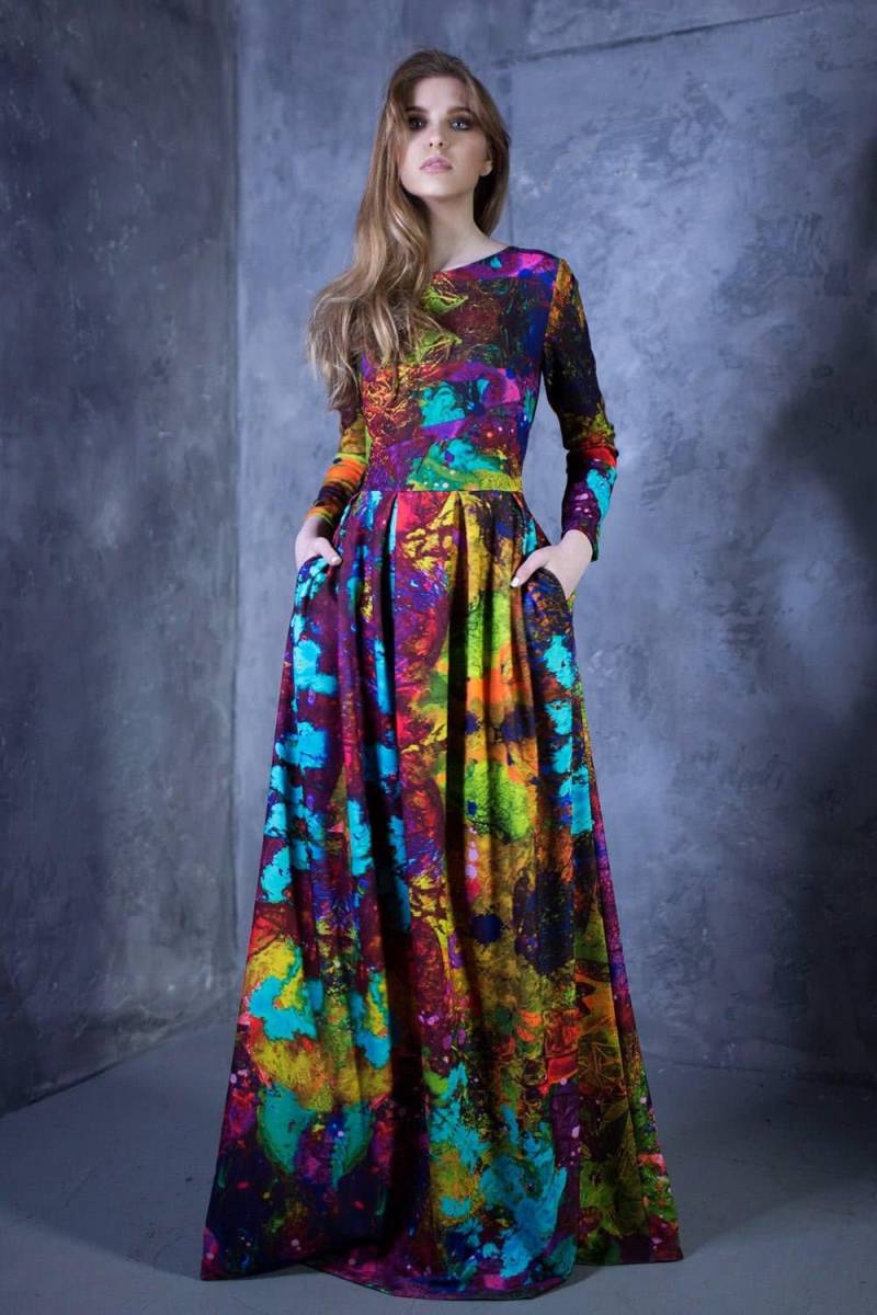 Maxikleid, Langarmkleid, Buntes Kleid, Abstraktes Frauenkleid, Boho-Kleid, Ballkleid, Festivalkleid, Lockeres Kleid von Guntina