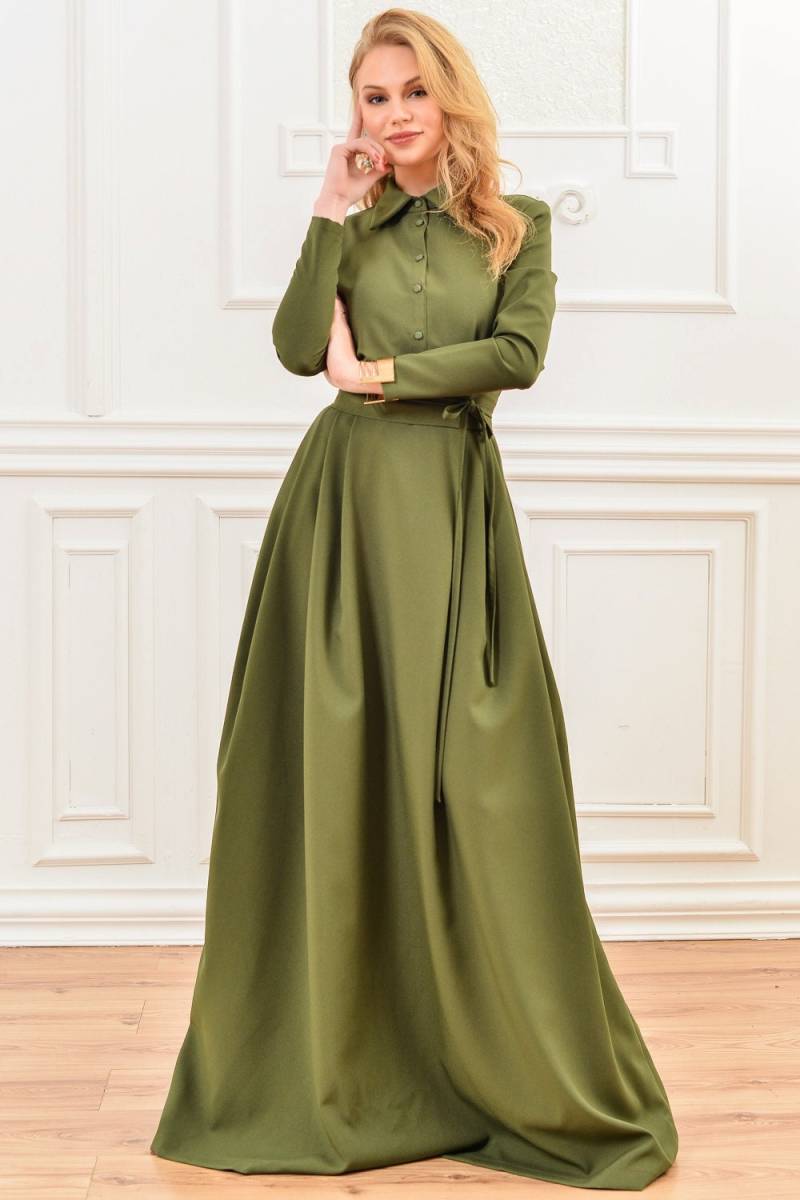 Shirt Maxi Kleid, Frauen Kragen Plus Größe Kleidung, Langarm Flare Bodenlanges Hochzeitsgast Gürtel Kleid von Guntina