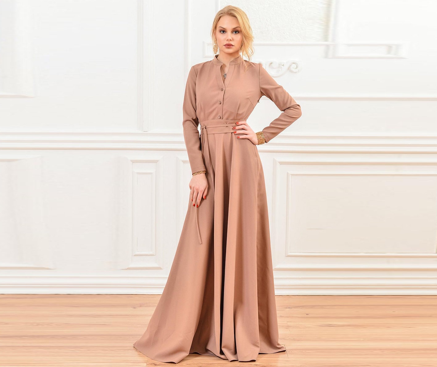 stehkragen Kleid, Frauen-Shirt Plus Größe Langarm Gürtel Boden Petite Kleid, Maxi Kleid, Elegantes Kleid von Guntina