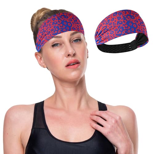 GuoChe Blaues und rotes Leopardenmuster, rutschfestes Baseball-Stirnband, elastischer Kopf für Damen, für Workout, Workout, Laufen, Wandern von GuoChe