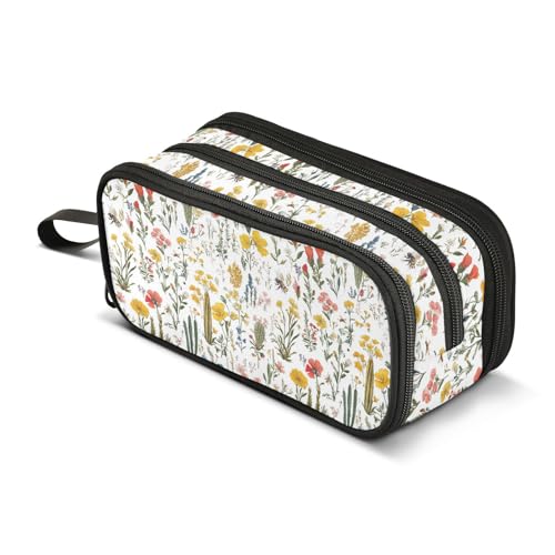 GuoChe Frühlingsblumen, rustikale weiße Bienen, Nylon, Stifte-Aufbewahrungstasche, großes Fassungsvermögen, großes Federmäppchen mit Reißverschluss, für Schule, Schreibwaren für Büro und Herren von GuoChe