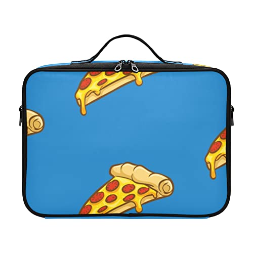 GuoChe Große Make-up-Organizer-Tasche mit Pizza-Muster, Reisetasche, Make-up-Zugkoffer, flach, mit Trennwänden und verstellbarem Riemen, Blau, Blau, 14.6" x 10.6" x 3.9" von GuoChe