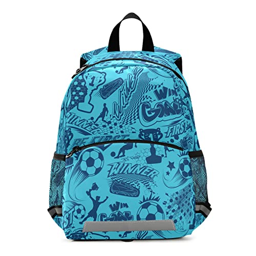 GuoChe Kleinkind-Rucksack für Jungen und Mädchen, Fußballmuster, Kinderrucksäcke mit reflektierenden Streifen, Reisetasche, kleine Büchertaschen, Alter 3–7 Jahre, Blau, Blau, 10.2 x 6 x 13 inch von GuoChe