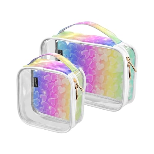 GuoChe Kosmetiktasche, transparent, wasserabweisend, Kosmetiktasche, Kulturbeutel für Damen, 2 Stück, glänzende Regenbogen-Herzen, Bunt, 1 size von GuoChe