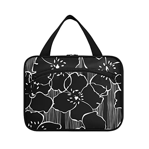 GuoChe Kulturbeutel zum Aufhängen, Reise-Make-up-Tasche, Blumen-Design auf schwarzen Kosmetiktaschen für Frauen, mittlere Reise-Organizer-Tasche, Blüte auf Schwarz, 21.99 von GuoChe