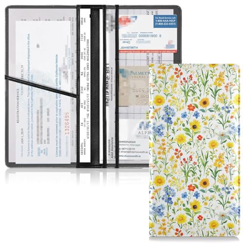 GuoChe PU Leder Auto Registrierung & Versicherung Kartenhalter Herren Damen Dokumententasche für wesentliche Dokumente, Führerschein, Karten Niedliche Frühlingsblumen Rustikal Beige von GuoChe