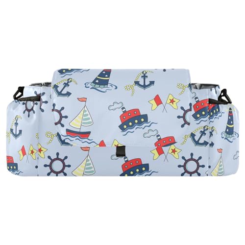 GuoChe Para Bebé Regenschirm-Organizer, Motiv: Seeschiff und Leuchtturm, Blau, Doppel-Kinderwagen-Caddy mit rutschfestem Schultergurt und Kinderwagen-Zubehör, Seeschiff und Leuchtturm blau von GuoChe