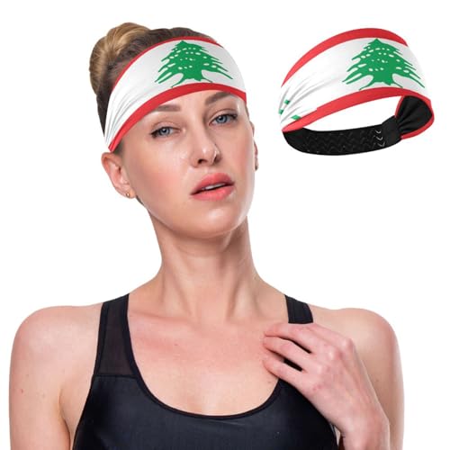 GuoChe Rutschfeste dicke Stirnbänder für Damen, Motiv: Libanon-Flagge, dehnbarer Kopf für Damen, für Tennis, Yoga, Laufen, Volleyball von GuoChe