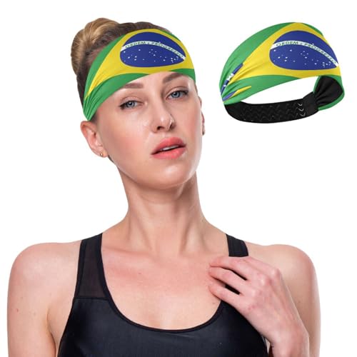 GuoChe Schweiß-Stirnbänder mit Brasilien-Flagge, elastischer Kopf für Damen, Fußball, Tennis, Fitnessstudio, Volleyball von GuoChe