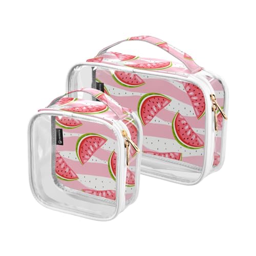 GuoChe Transparente Kosmetiktasche, Handgepäcktasche für Damen und Herren, Kulturbeutel, 2 Stück, rosa Streifen, Wassermelone, Bunt, 1 size von GuoChe