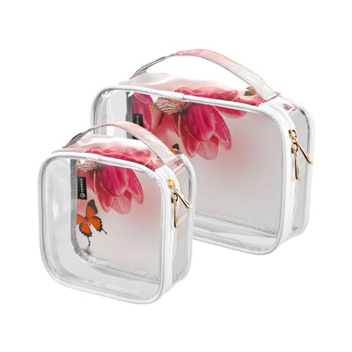 GuoChe Transparente Kosmetiktasche, Reisetasche, wasserabweisend, transparent, Make-up-Tasche mit Griffschlaufe, Kulturbeutel, Herren, 2 Stück, Schmetterlinge und Blumen, Bunt, 1 size von GuoChe