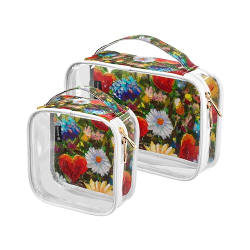 GuoChe Transparente Kosmetiktasche für Geldbörse, wasserdicht, durchsichtige Aufbewahrung für Damen, Kulturbeutel, 2 Stück, Wildblumen, Gänseblümchen und rote Herzen der Liebenden, Bunt, 1 size von GuoChe