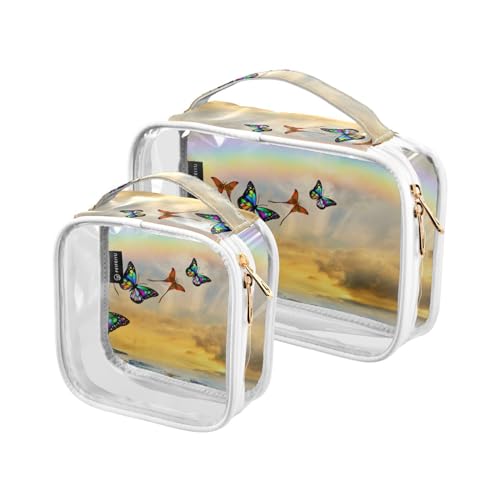 GuoChe Transparente Reise-Kosmetiktasche, tragbar, transparent, Make-up-Kulturbeutel für Damen, Premium-Kulturbeutel, 2 Stück, Schmetterlinge und Regenbogen im Meer, Bunt, 1 size von GuoChe