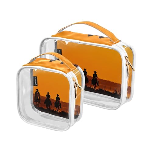 GuoChe Transparente Reise-Kosmetiktasche, wasserabweisend, transparent, mit Griffschlaufe, Kulturbeutel-Set, 2 Stück, Wilder Westen, Sonnenuntergang, Cowboy, Western Herren, Bunt, 1 size von GuoChe