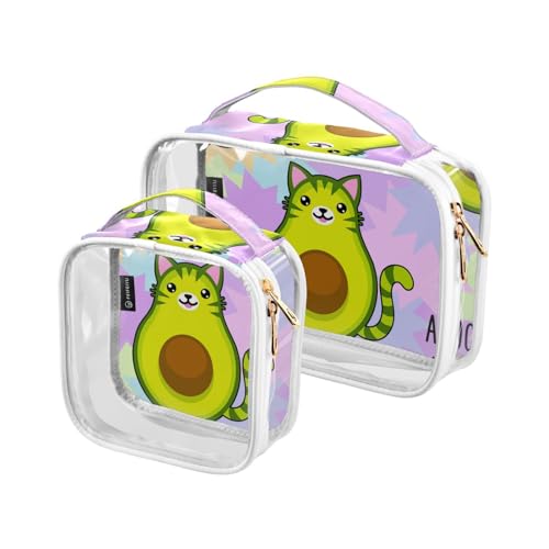 GuoChe Transparente große Kosmetiktasche, wasserdicht, durchsichtig, Make-up-Kulturbeutel für Damen, Premium-Kulturbeutel, 2 Stück, Avocato-Motiv, niedlicher Cartoon-Avocado-Katze, Bunt, 1 size von GuoChe