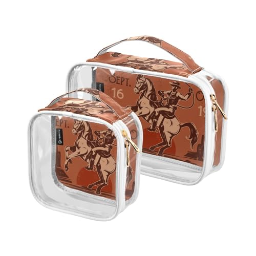 GuoChe Transparenter Kosmetik-Aufbewahrungs-Organizer, wasserabweisend, transparente Kunststoff-Reisetasche für Damen, Kulturbeutel, Herren, 2 Stück, Retro, Cowboy, Westernsitzendes Pferd, Bunt, 1 von GuoChe