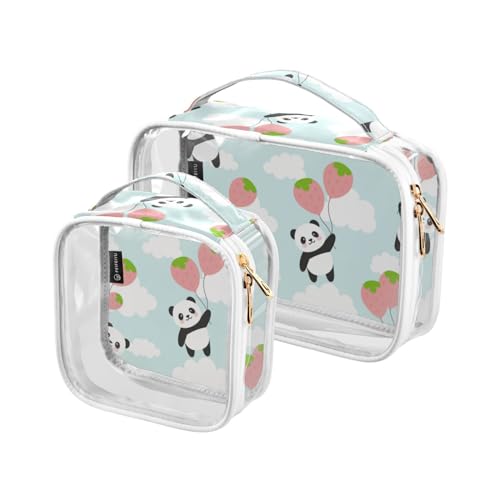 GuoChe Transparenter Kosmetik-Organizer, wasserfest, transparent, Make-up-Taschen mit Griffschlaufe, Kulturbeutel-Set, 2 Stück, Happy Panda Flying with Strawberry Balloon, Bunt, 1 size von GuoChe