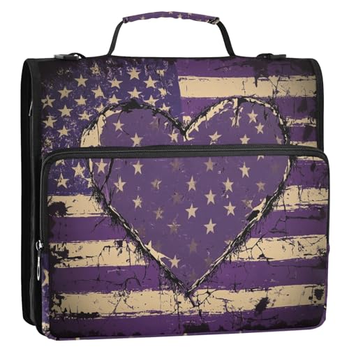 Lila Heart Day Army 3-Ring-Ordner mit Reißverschluss mit Schultergurt und Griff, mehrere Taschen, Dokumenten-Organizer für Mittelschule von GuoChe