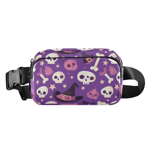 Lila Totenkopf Hexenhut Halloween Muster Niedliche Bauchtasche Hüfttasche für Männer Frauen Kleine Sling Chest von GuoChe