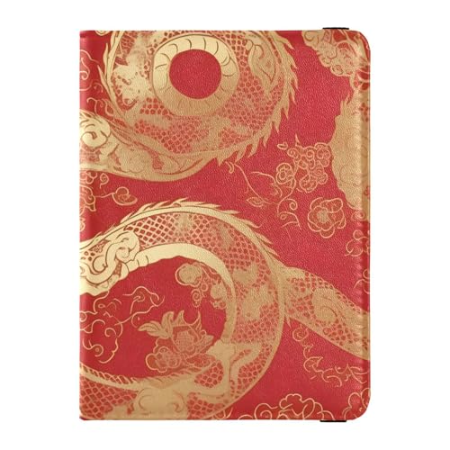 Reisepass- und Impfkarten-Brieftasche aus Leder, Kombi, Reisepasshülle mit RFID-Blockierung, für Damen und Herren, wasserdicht, Drachenrotgoldenes Muster, 1 size, Modern von GuoChe