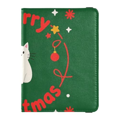 Reisepass- und Impfkarten-Etui aus Leder, Kombination für Reisedokumente, Organizer, Schutz, Reisepasshülle, Brieftasche, für Damen und Herren, wasserdicht, Frohe Weihnachten Cartoon weiße Katze, 1 von GuoChe