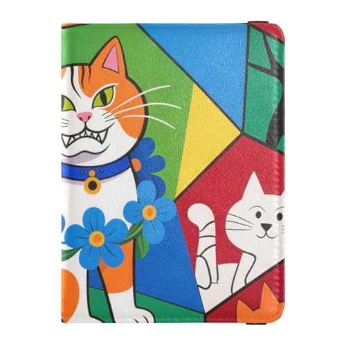 Reisepass- und Impfkartenetui aus Leder, Kombi-Reisepasshülle, Reisedokumente, Brieftasche, Reisepasshülle mit RFID-Blockierung, für Damen und Herren, wasserdicht, Bunte Katzencollage, 1 size, Modern von GuoChe