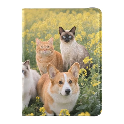 Reisepass- und Impfkartenetui aus Leder, Kombi-Reisepasshülle mit Impfkartenschlitz, Reisepasshülle für Damen und Herren, wasserdicht, Hunde im Blumenfeld, 1 size, Modern von GuoChe