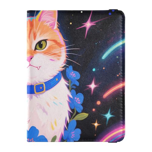 Reisepass- und Impfkartenhalter aus Leder, Kombi, Reisepasshülle, Reisepasshülle für Damen und Herren, wasserdicht, Kosmische Katze mit Blumen, 1 size, Modern von GuoChe