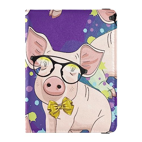 Reisepasshülle für Damen, Schweinchen mit gelber Fliege, Premium-PU-Leder, Reisezubehör, 14,5 x 10,9 cm, Schweine mit schwarzen Gläsern und Schleifen, Einheitsgröße von GuoChe