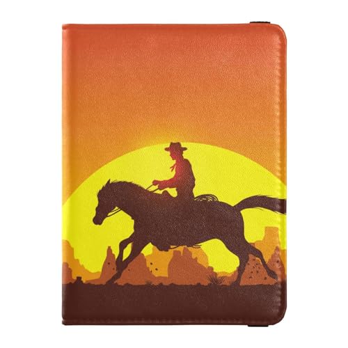 Reisepasshülle für Damen, Silhouette, Cowboy, Reitpferd, gelber Sonnenuntergang, kreativ, PU-Leder, Reisezubehör, 14,5 x 10,9 cm, Bunt, Einheitsgröße von GuoChe