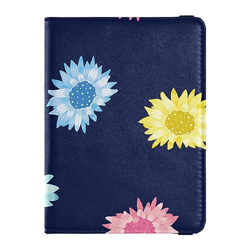 Reisepasshülle für Damen, Sonnenblumen auf Marineblau, Premium-PU-Leder, Reisegeschenk, 14,5 x 10,9 cm, Sonnenblumen auf Marine, Einheitsgröße von GuoChe