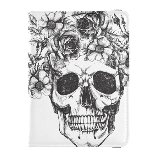 Reisepasshülle für Damen, menschlicher Totenkopf, Blumenkranz, Los Muertos, kreatives PU-Leder, Reisegeschenk, 14,5 x 10,9 cm, Bunt, Einheitsgröße von GuoChe