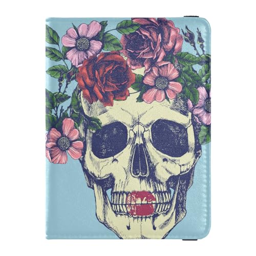 Reisepasshülle für Damen, menschlicher Totenkopf, Blumenkranz, Los Muertos, kreatives PU-Leder, Reisezubehör, 14,5 x 10,9 cm, Bunt, Einheitsgröße von GuoChe