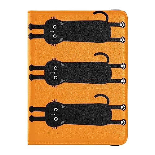 Reisepasshülle für Damen, orangefarbener Hintergrund, kreativ, PU-Leder, Reisegeschenk, 14,5 x 10,9 cm, Glückliche schwarze Katze, Einheitsgröße von GuoChe