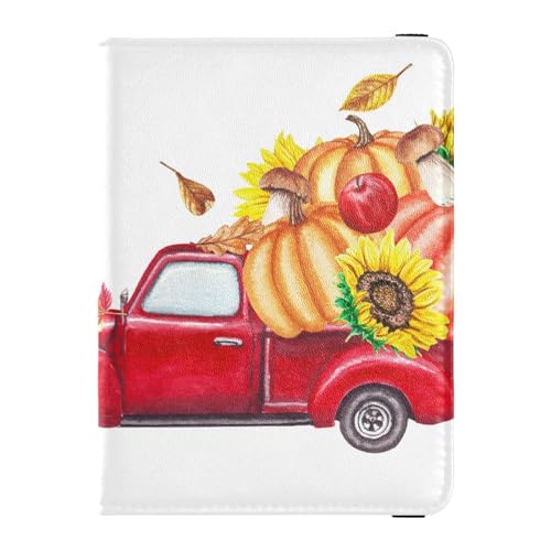 Reisepasshülle für Damen, rot, Erntewagen, Kürbisse, Sonnenblumen, kreativ, PU-Leder, Reisezubehör, 14,5 x 10,9 cm, Bunt, Einheitsgröße von GuoChe