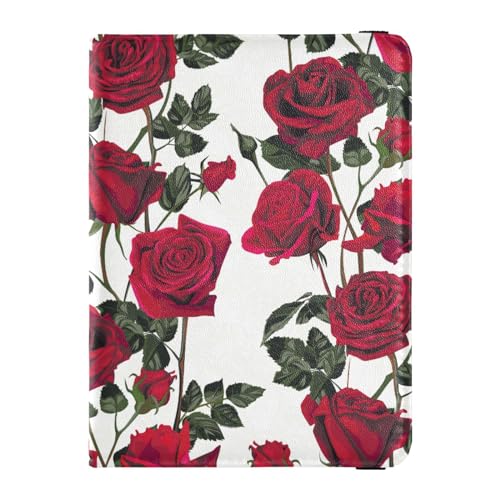 Reisepasshülle für Damen, rote Blumen, Rosen, Blätter, kreatives PU-Leder, Reisegeschenk, 14,5 x 10,9 cm, Bunt, Einheitsgröße von GuoChe