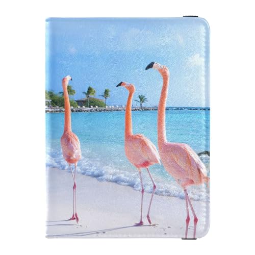 Reisepasshülle für Damen, schöner rosa Flamingo am Strand, Premium-PU-Leder, Reisegeschenk, 14,5 x 10,9 cm, Bunt, Einheitsgröße von GuoChe
