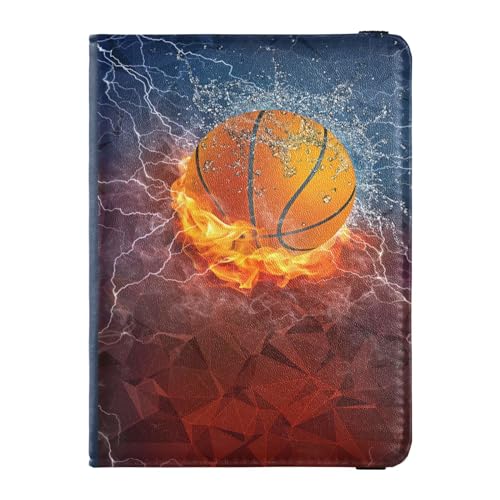 Reisepasshülle für Herren, Basketballball auf Feuer, Wasseraufhellung, Premium-PU-Leder, Reisezubehör, 14,5 x 10,9 cm, Bunt, Einheitsgröße von GuoChe